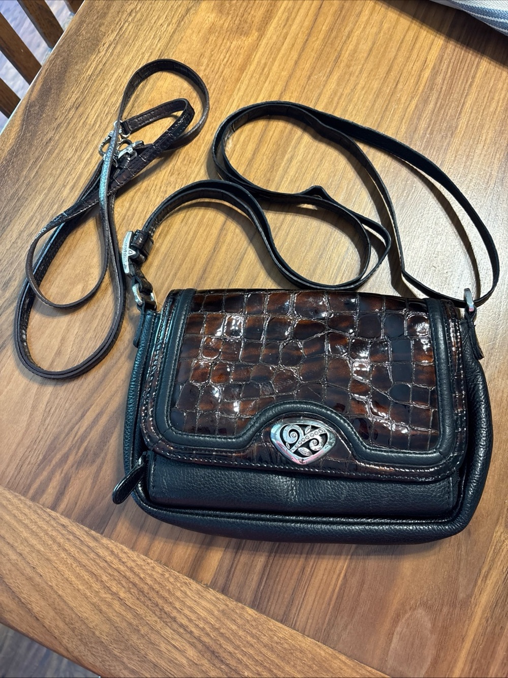 Brighton Black and Brown Croc-Embossed Leather Crossbody Bag